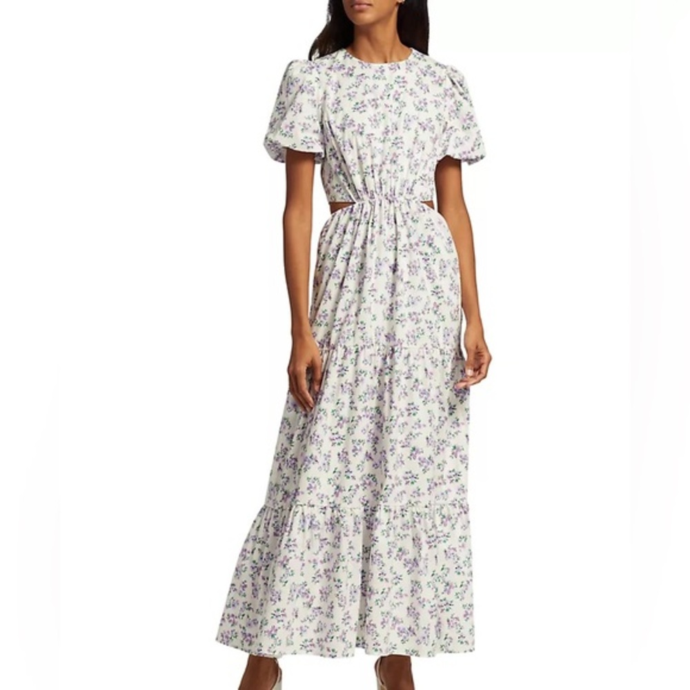 Wayf Plaza Tiered Cotton-Blend Cut-Out Maxi Dress Lavender Ditsy Floral‎